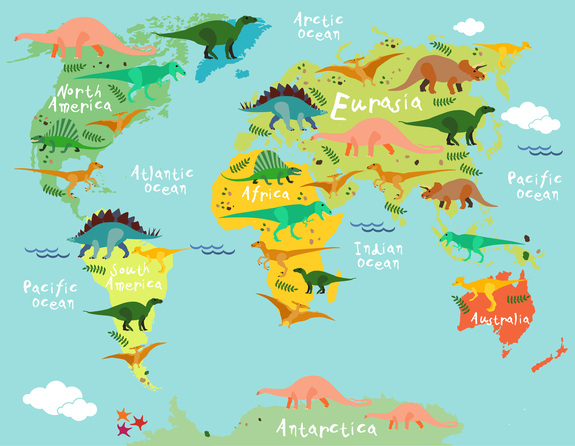 Carte du monde pour enfants avec des dinosaures en couleurs