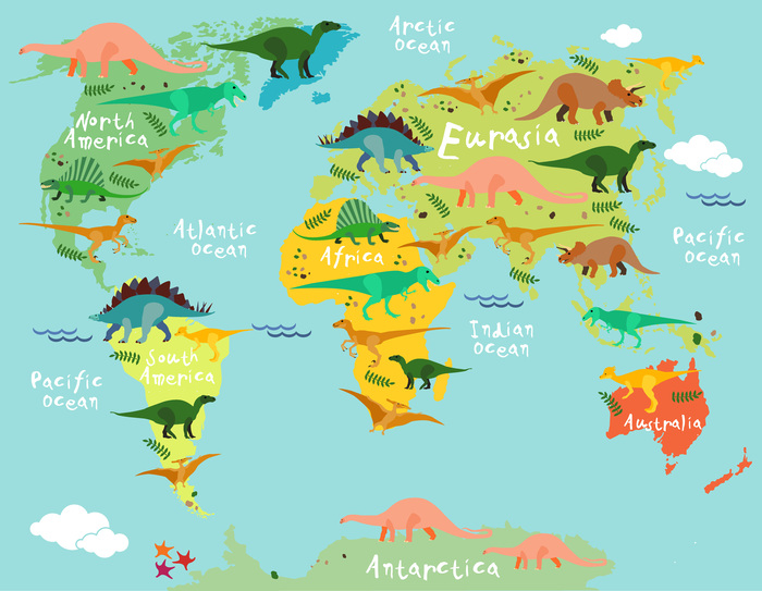 Carte du monde pour enfants avec des dinosaures en couleurs