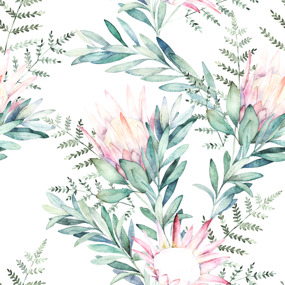 Watercolor seamless pattern witn eucalyptus branch protea and fern