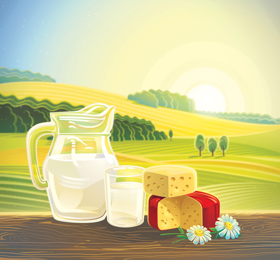  rural landscape with set of dairy products