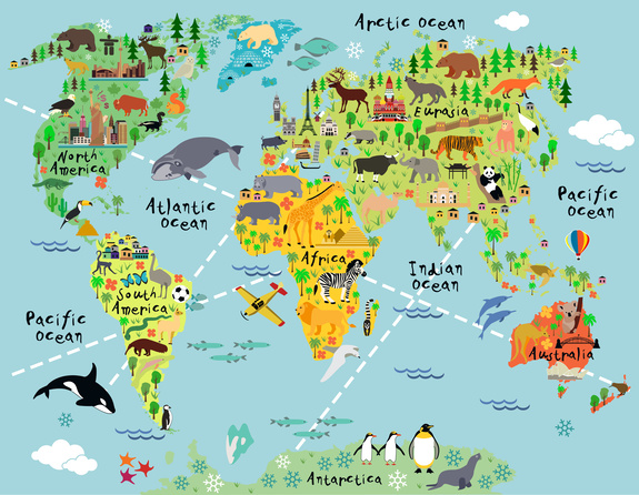 Carte du monde pour enfants avec des animaux