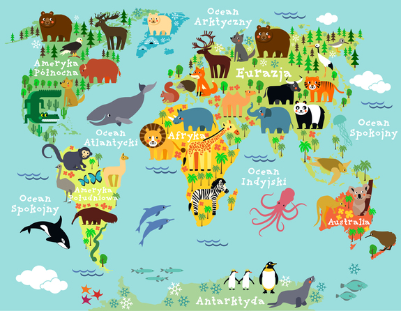 Carte du monde signée montrant des animaux caractéristiques