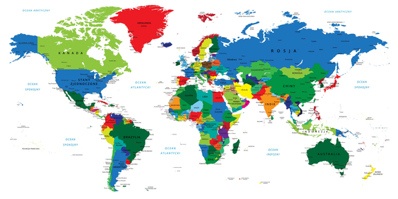 Carte du monde en couleurs et en polonais