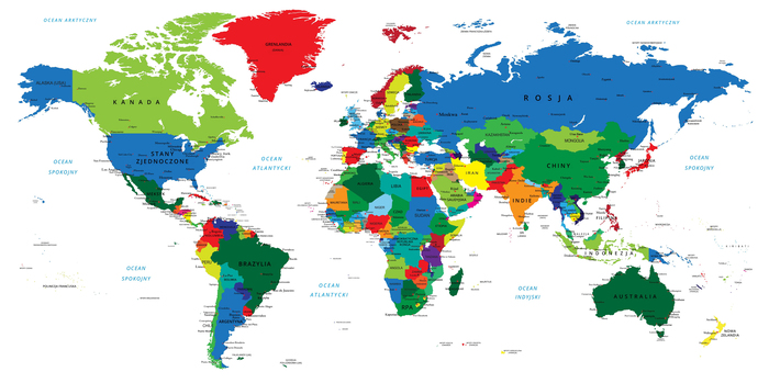 Carte du monde en couleurs et en polonais