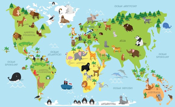 Carte avec les continents et les animaux