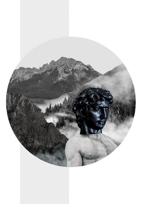 Sculpture antique et montagnes