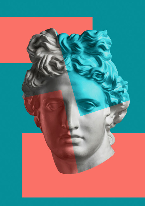 Tête d'un personnage antique sur un fond géométrique