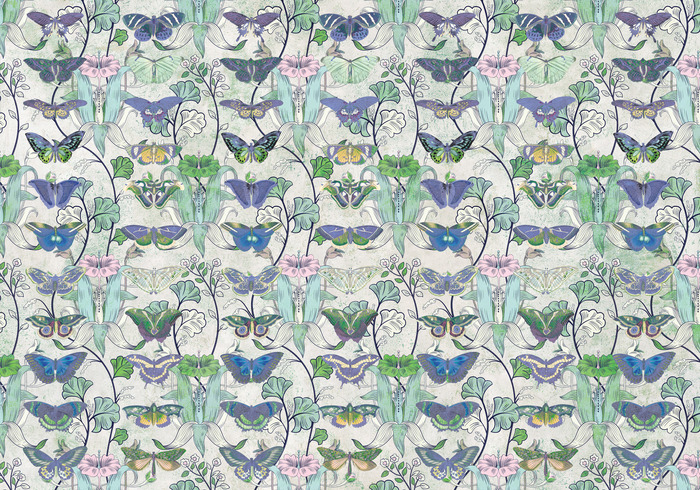 Motif papillons et plantes