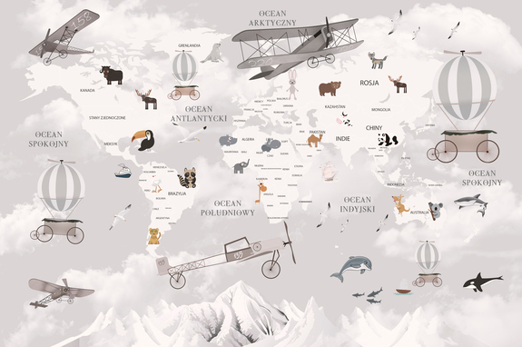 Carte du monde avec des animaux et des avions pour enfants