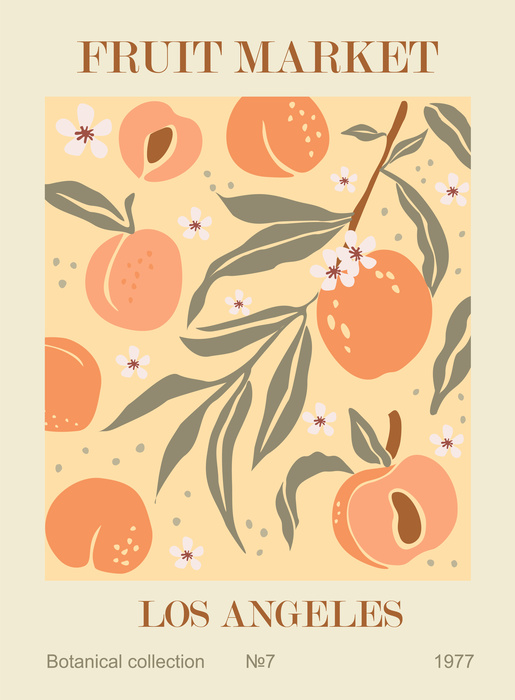 Pêches sur des branches et fleurs blanches