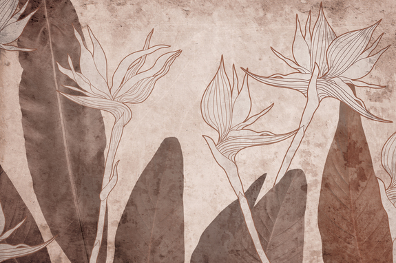 Plantes tropicales et feuilles effet béton