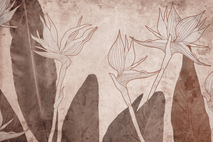 Plantes tropicales et feuilles effet béton