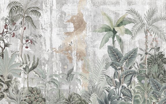 Arbres et oiseaux de la jungle tropicale sur fond de béton