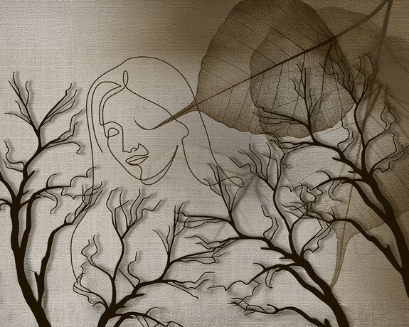 Croquis 3d d&#39;une femme parmi les arbres et les feuilles