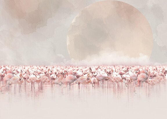 Flamants roses sur un paysage aquarelle avec une pleine lune
