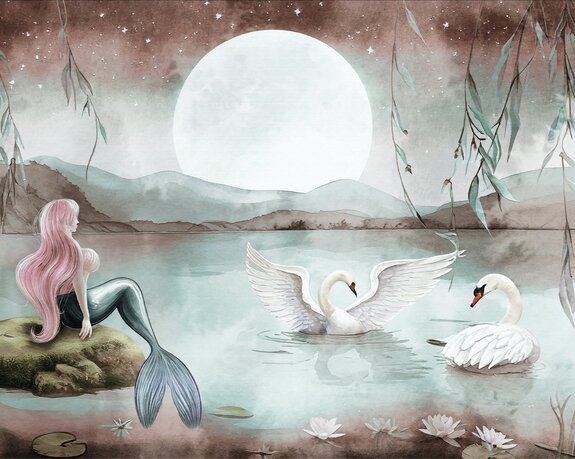 Sirène et cygnes sous la pleine lune