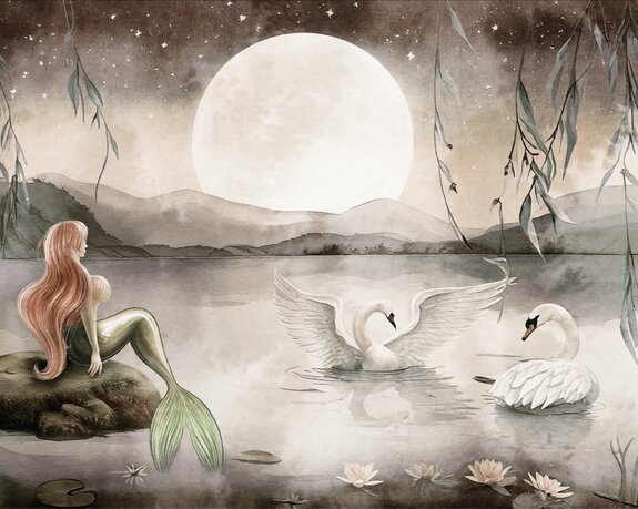 Modèle pour enfant de sirène et de cygnes à la pleine lune