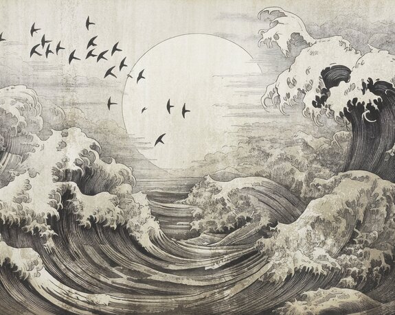 Paysage avec une grosse vague et une pleine lune