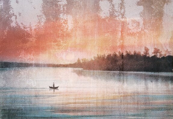Paysage d&#39;un bateau sur un lac avec un effet de texture béton