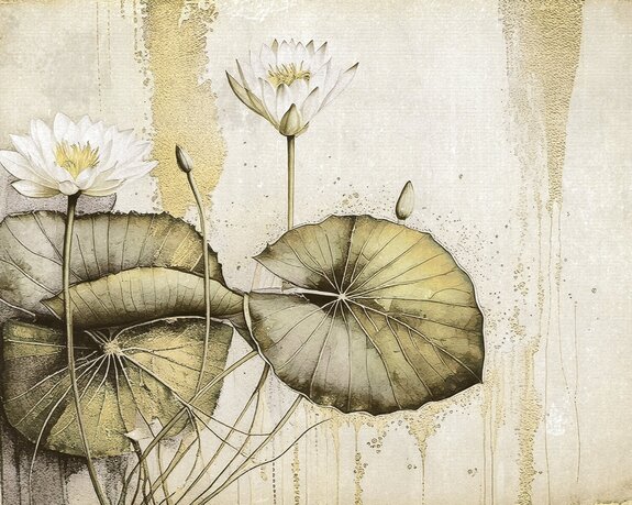 Nénuphars blancs et feuilles sur fond de béton