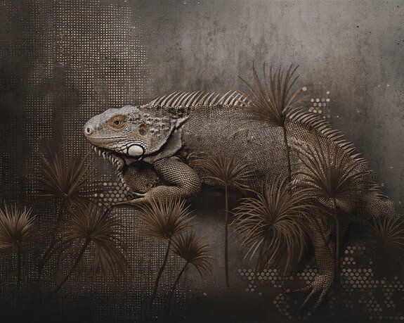 Un caméléon parmi les feuilles tropicales dans un style loft