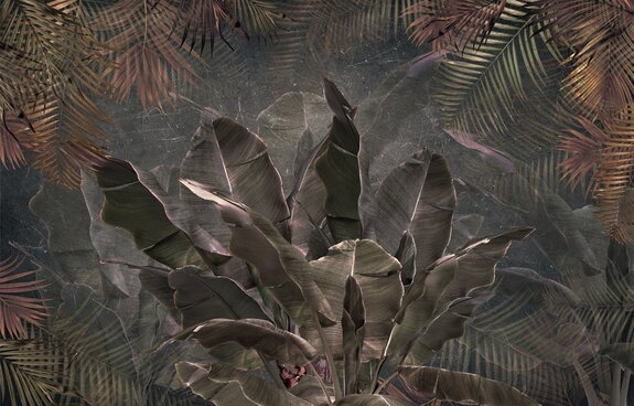 Bananiers et feuilles de palmier 3d sur fond de béton foncé