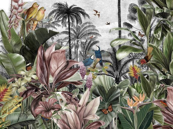 Plantes tropicales colorées et oiseaux dans la jungle