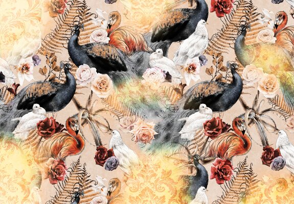 Une composition avec des oiseaux parmi des ornements et des fleurs