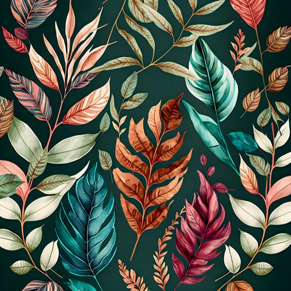 Feuilles aquarelles colorées sur fond vert foncé