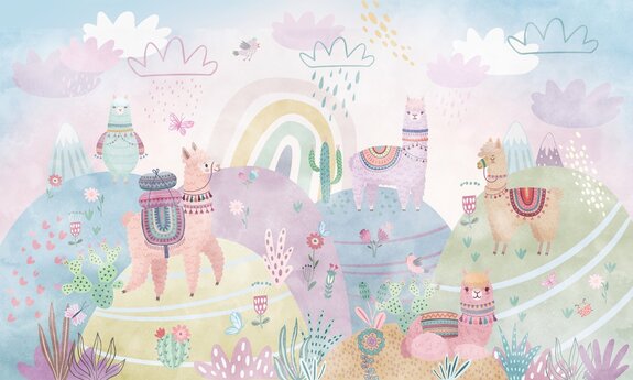 Lamas dans un monde de conte de fées, motif coloré pour enfants