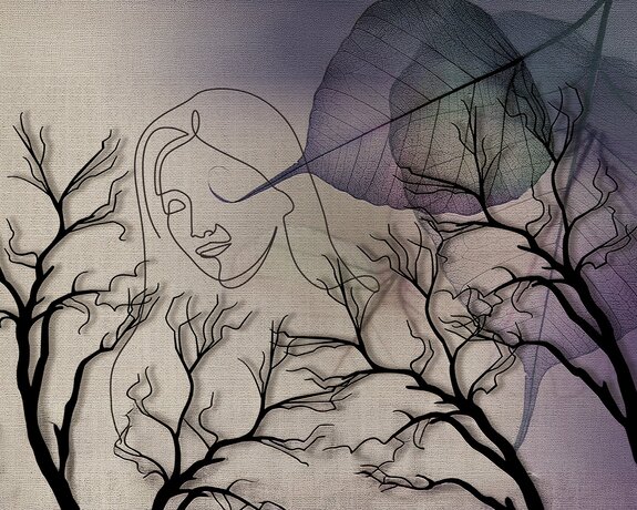 Croquis 3d d&#39;une femme parmi les branches et les feuilles des arbres