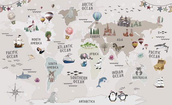 Carte du monde pour enfants avec animaux et monuments