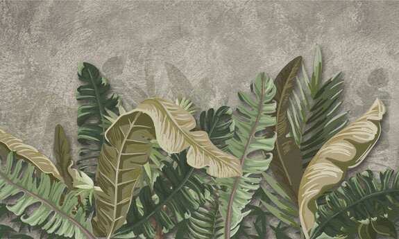 Grandes feuilles tropicales vertes sur fond gris