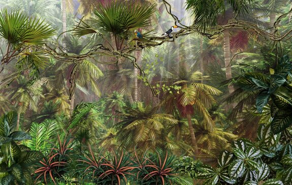 Oiseaux dans la jungle tropicale parmi la végétation dense