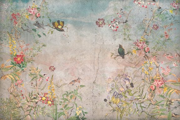 Fleurs et oiseaux dans un jardin coloré