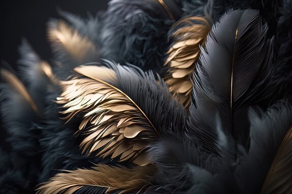 Une composition de plumes noires avec une décoration dorée