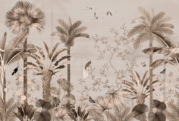 Palmiers et oiseaux dans la composition tropicale de la jungle