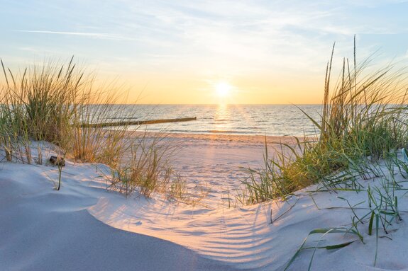 Dunes de sable sur la plage avec vue sur la mer et le coucher du soleil