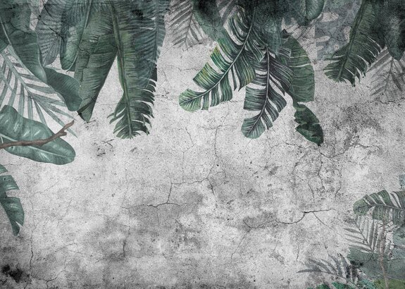 Feuilles tropicales suspendues sur un mur en béton gris foncé