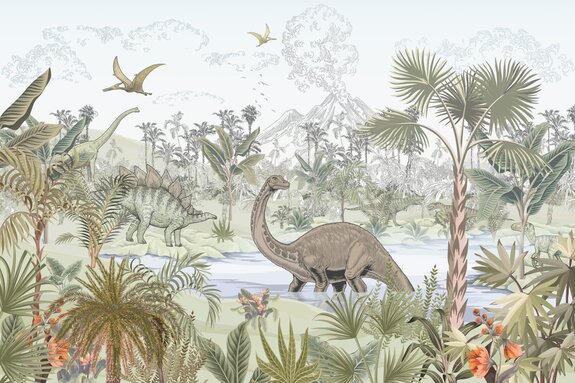 Paysage tropical avec un volcan et des dinosaures
