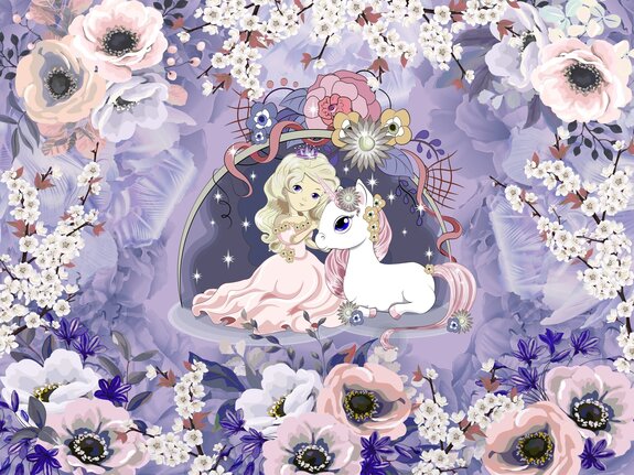 Princesse et licorne blanche parmi les fleurs