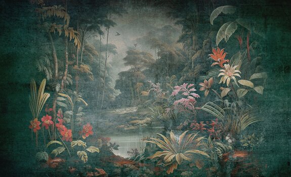 Paysage de lac dans la jungle dans un style vintage