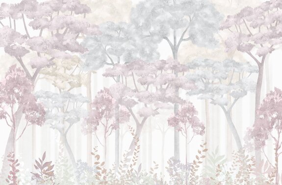 Arbres aux couleurs pastel dans une forêt aquarelle