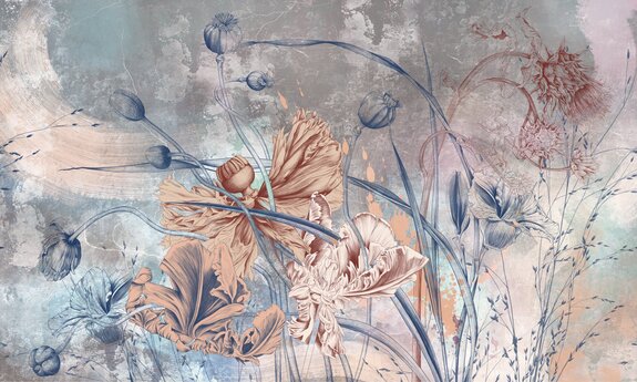 Fleurs sauvages et coquelicots sur un fond de béton de style industriel