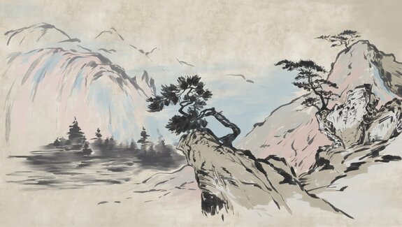 Arbres sur rochers avec montagnes en arrière-plan, paysage de style chinois