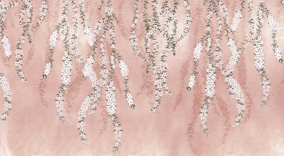 Branches de plantes à fleurs blanches sur fond rose