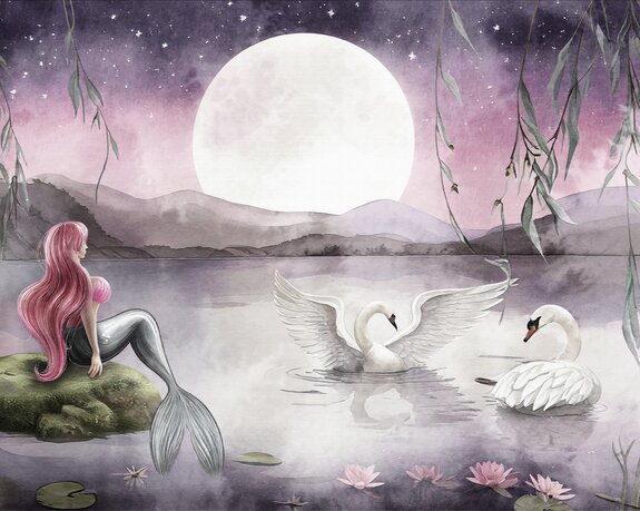 Motif aquarelle sirène et cygnes à la pleine lune