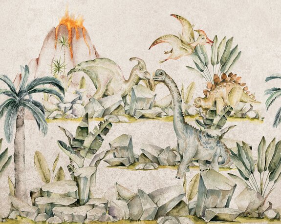 Paysage avec des dinosaures parmi des plantes et un volcan