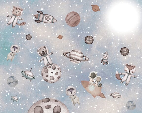 Animaux et planètes sur fond étoilé