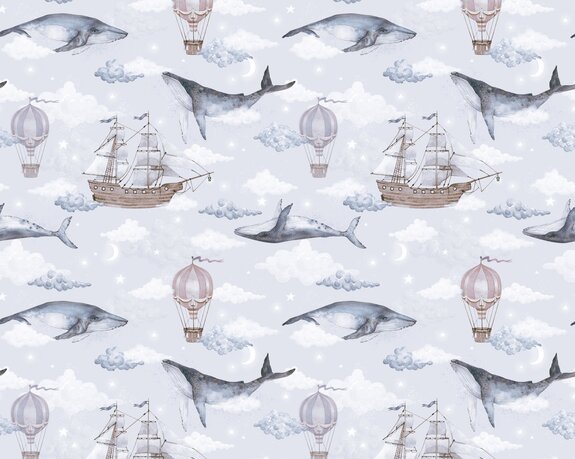 Baleines et navires contre un ciel nuageux